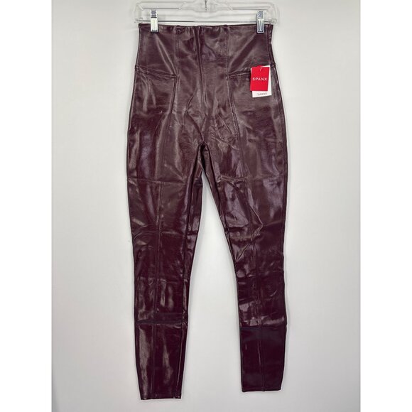 SPANX Faux Patent Leather Ruby Burgundy Cabernet Leggings Medium NEW - Picture 3 of 8